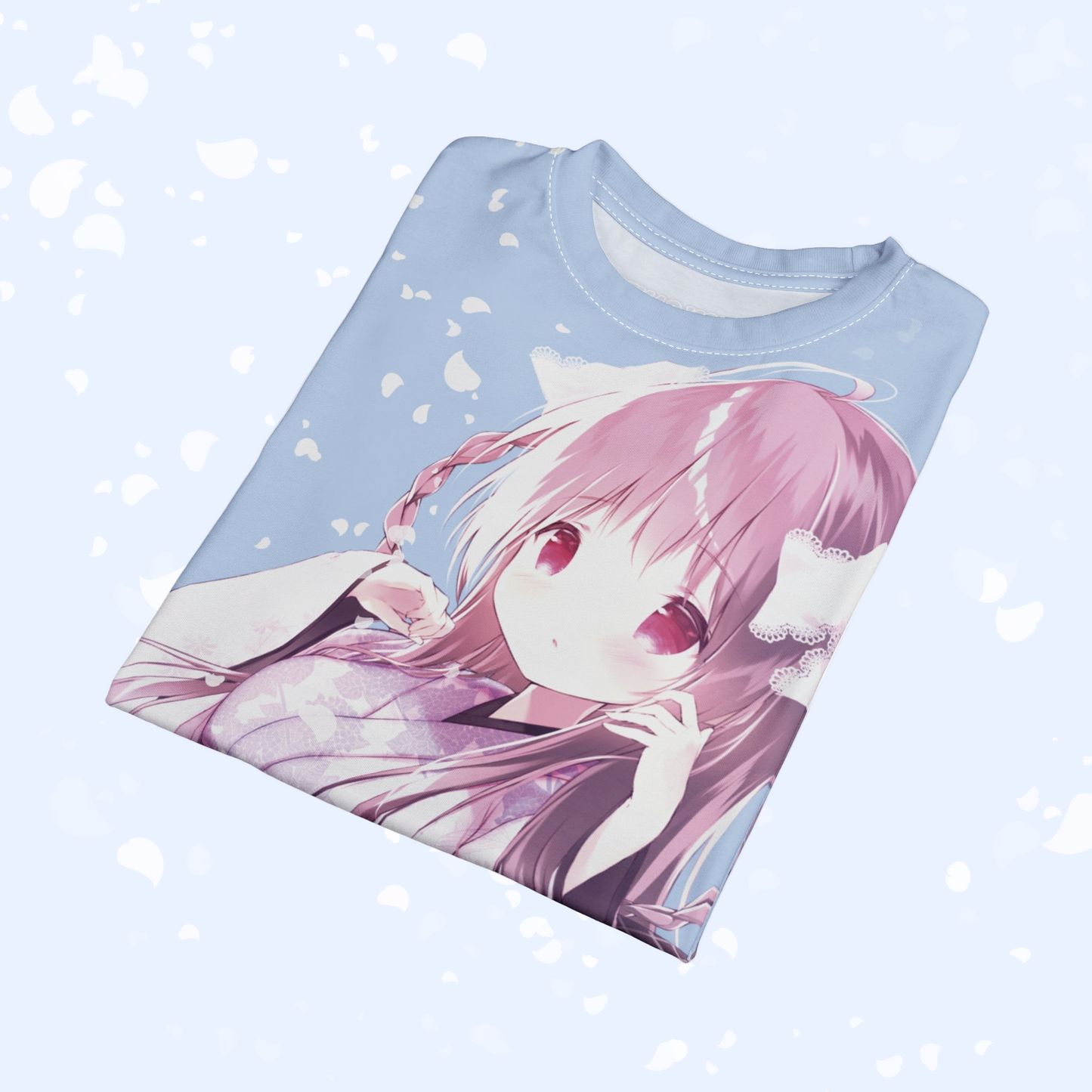 Sakura Petals Anime Graphic Tee - Pastel Blue