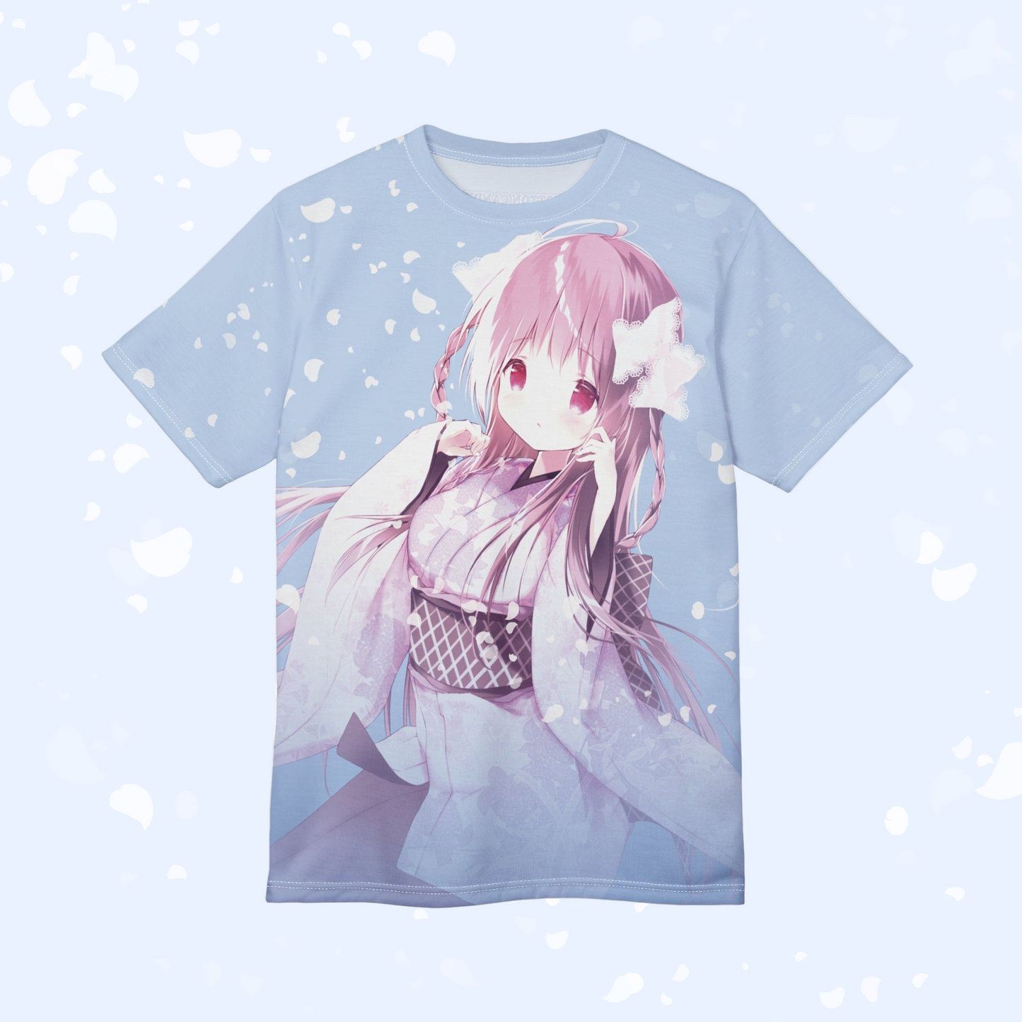 Sakura Petals Anime Graphic Tee - Pastel Blue