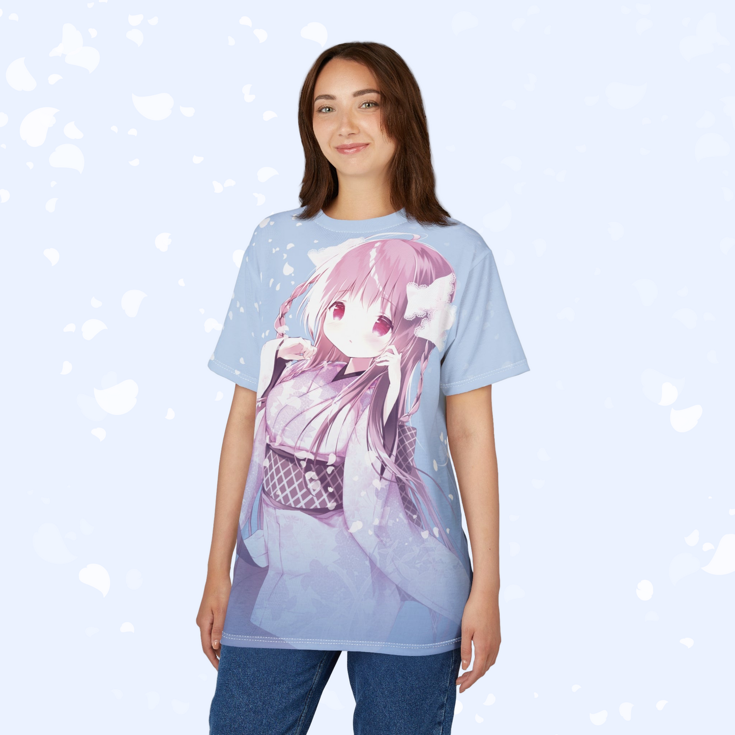Sakura Petals Anime Graphic Tee - Pastel Blue
