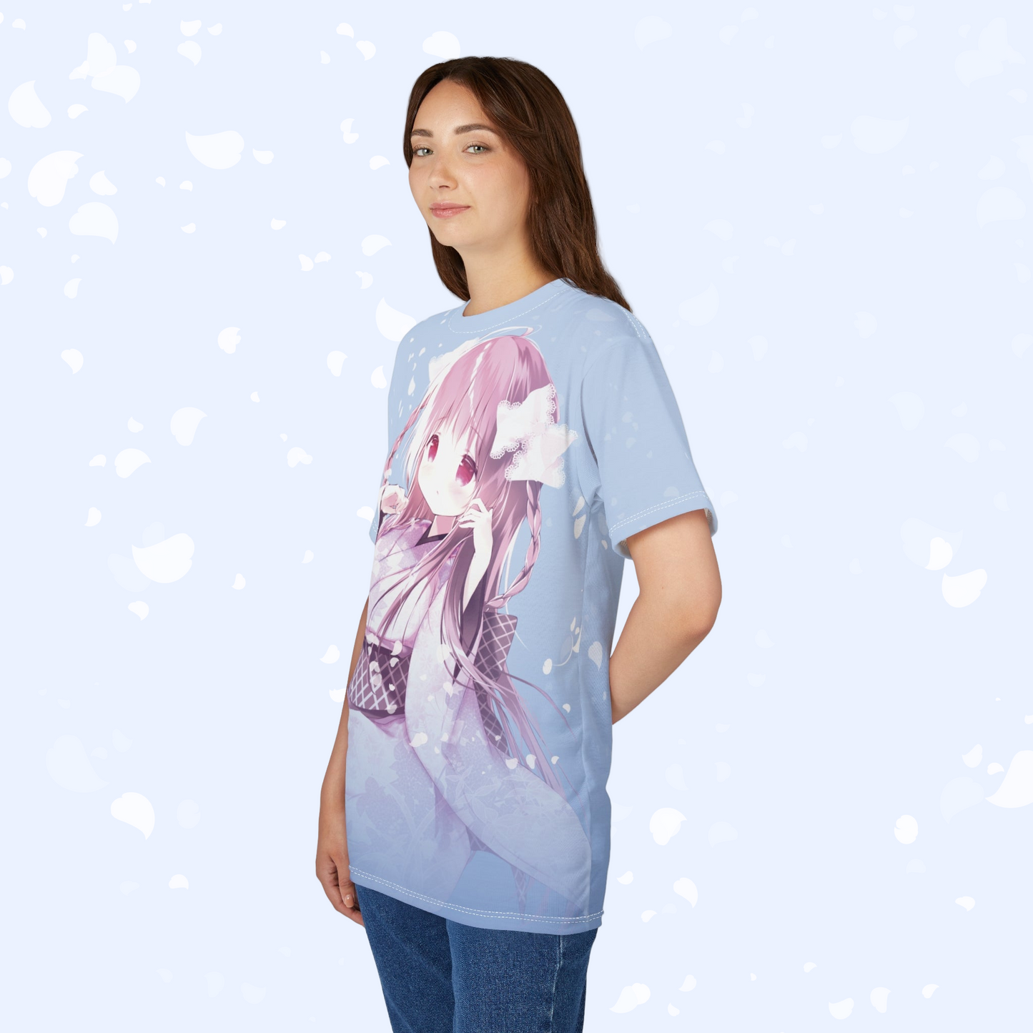 Sakura Petals Anime Graphic Tee - Pastel Blue