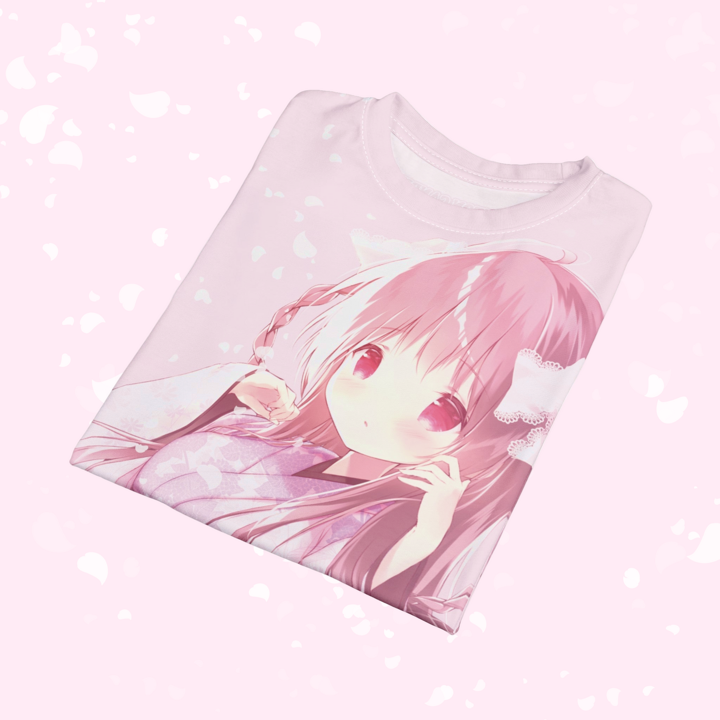 Sakura Petals Anime Graphic Tee - Pastel Pink