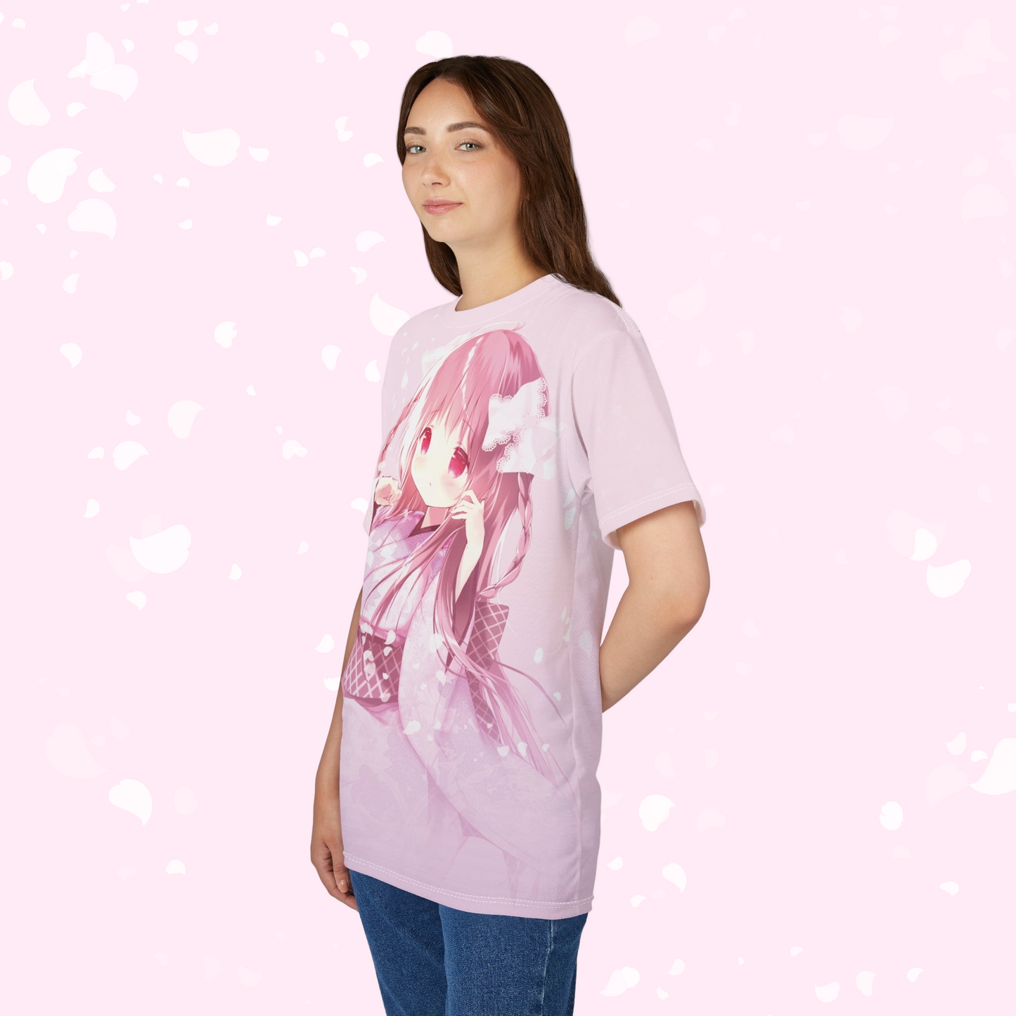 Sakura Petals Anime Graphic Tee - Pastel Pink