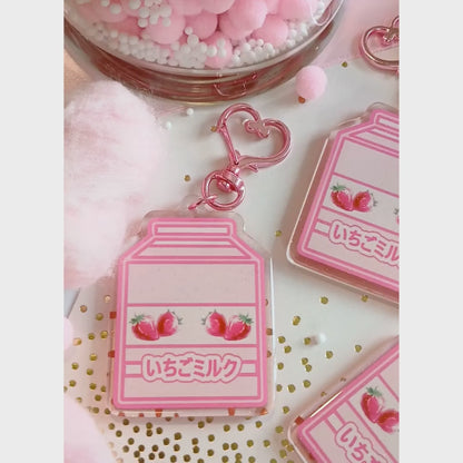 Strawberry Milk Carton - Glitter Keychain Charm