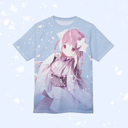 Sakura Petals Anime Graphic Tee - Pastel Blue