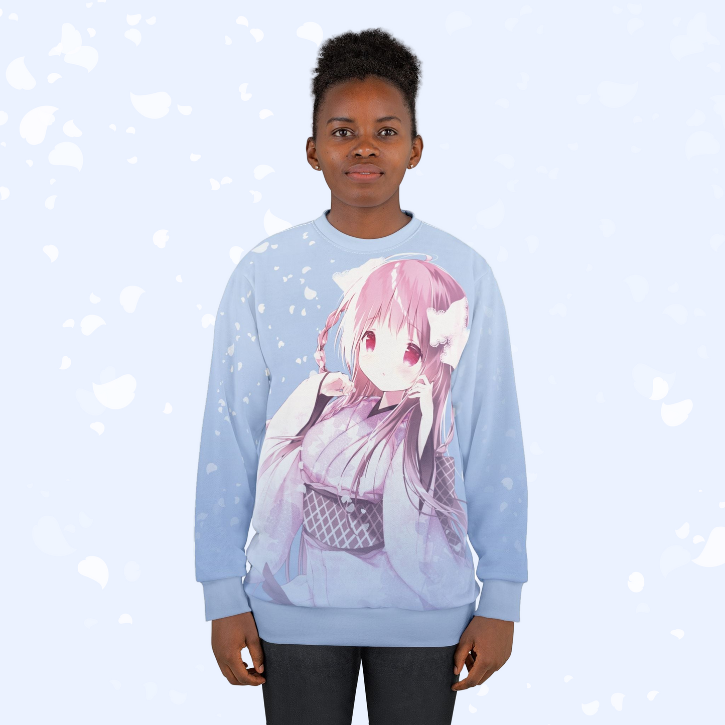 Sakura Petals Anime Sweatshirt - Pastel Blue