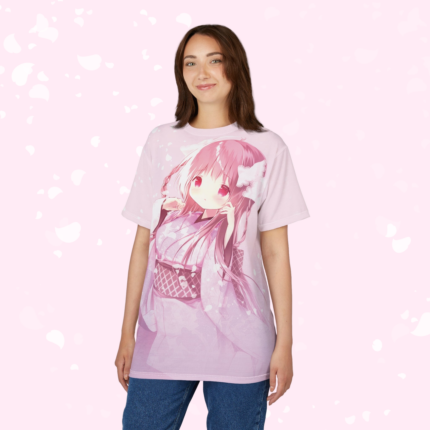 Sakura Petals Anime Graphic Tee - Pastel Pink